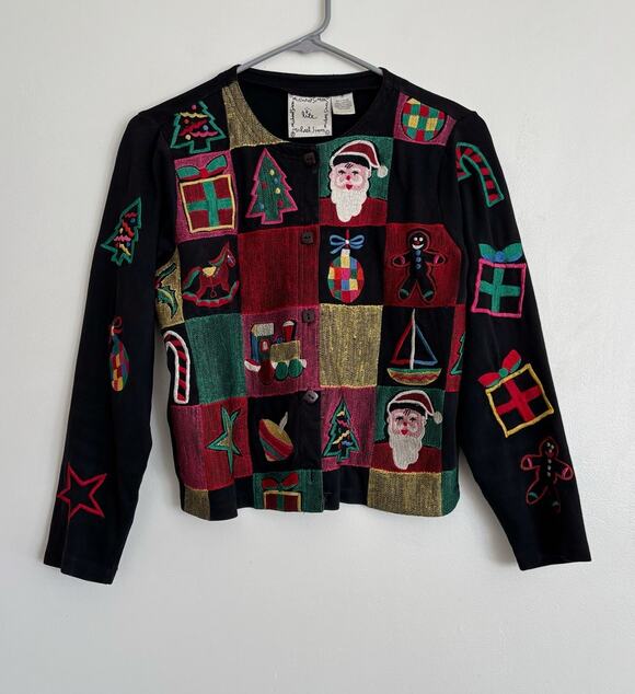 Michael Simon Sweaters - Black Red Vintage Michael Simon Christmas Patchwork Cardigan S